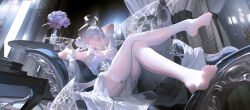 1girl absurdres arm_behind_head arm_rest armored_corset ascot bare_arms bare_shoulders book breasts cleavage closed_mouth collar colored_eyelashes couch crossed_legs curled_horns dated demon_girl demon_wings detached_collar detached_sleeves diamond_earrings dot_mouth double-parted_bangs dress drill_hair duel_monster duplicate earrings feet flower foot_focus from_below full_body garter_straps gloves grey_eyes grey_flower grey_hair hair_between_eyes heart highres horns jewelry large_breasts long_dress long_horns long_sidelocks looking_afar lovely_labrynth_of_the_silver_castle low_wings lying mature_female medium_hair mini_wings multiple_wings nose on_back on_couch pale_skin pixel-perfect_duplicate pointy_ears purple_flower ribao sidelocks signature silver_armlet silver_corset silver_earrings skindentation sleeveless sleeveless_dress slit_pupils solo strapless strapless_dress table thick_thighs thighhighs thighs transparent_wings vase white_ascot white_collar white_dress white_garter_straps white_gloves white_sleeves white_thighhighs wings yu-gi-oh!