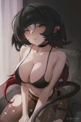 1girl 2025 absurdres animal_ear_piercing animal_ears artist_name black_bra black_choker black_hair black_panties black_pantyhose bra breasts choker cleavage collarbone commentary couch green_eyes highres indoors jane_doe_(zenless_zone_zero) lankoshiii large_breasts long_hair mouse_ears mouse_girl mouse_tail multicolored_hair navel on_couch panties pantyhose red_hair sitting smile solo stomach tail torn_clothes torn_pantyhose two-tone_hair underwear zenless_zone_zero