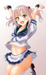 1girl absurdres animal animal_on_head apron badge blue_sailor_collar blue_skirt frills gradient_background grey_background hair_bobbles hair_ornament highres jumping kantai_collection nawohata on_head open_mouth pink_eyes pink_hair pleated_skirt rabbit rabbit_on_head sailor_collar sazanami_(kancolle) sazanami_kai_(kancolle) school_uniform serafuku short_hair short_sleeves skirt twintails waist_apron wrist_cuffs