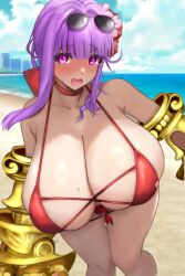 1girl absurdres bare_shoulders beach bikini blue_sky blush breasts choker claw_(weapon) collarbone eyewear_on_head fate/grand_order fate_(series) flower hair_flower hair_ornament hair_ribbon highres huge_breasts long_hair looking_at_viewer open_mouth passionlip_(fate) pink_eyes purple_hair raskasar red_bikini red_ribbon ribbon shore sky solo sunglasses swimsuit thighs very_long_hair weapon
