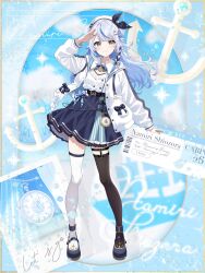 1girl air_bubble anchor anchor_ornament anchor_symbol ankle_cuffs arm_up belt beret black_belt black_bow black_hair black_streaks black_thighhighs blue_background blue_bow blue_hair blue_shoes blue_skirt blue_streaks bow braid breasts bubble buttons character_name cleavage closed_mouth colored_shoe_soles commentary_request cursive double-breasted english_text full_body hair_bun hair_flaps hat hat_bow high-waist_skirt highres hood hood_down hooded_jacket indie_virtual_youtuber jacket legwear_garter long_hair looking_at_viewer mary_janes medium_breasts miniskirt mismatched_thighhighs multicolored_eyes multicolored_hair o-ring official_art open_clothes open_jacket overskirt pocket pocket_watch polaroid_photo purple_eyes salute second-party_source shiozora_namiri shirt shirt_tucked_in shoes side_braid side_up_bun single_side_bun siokazunoko skirt smile solo standing straight-on streaked_hair thighhighs ticket two-tone_eyes virtual_youtuber waist_bow watch white_hair white_hat white_jacket white_shirt white_thighhighs yellow_eyes