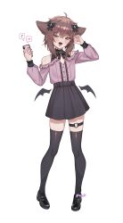 Rule 34 | 1boy, absurdres, ahoge, animal ears, bare shoulders, black bow, black shoes, black skirt, black thighhighs, blush, bow, brown hair, cat boy, cat ears, cellphone, commentary, english commentary, fangs, full body, hair bow, half-heart hands, heart, heart o-ring, highres, holding, holding phone, jirai kei, long sleeves, looking at viewer, male focus, miniskirt, musical note, o-ring, o-ring thigh strap, open mouth, original, phone, pigeon-toed, pink shirt, rat squeak, shirt, shirt tucked in, shoes, short hair, simple background, skirt, smartphone, smile, solo, spoken heart, spoken musical note, standing, thigh strap, thighhighs, tongue, tongue out, trap, tsurime, twitter username, white background, zettai ryouiki