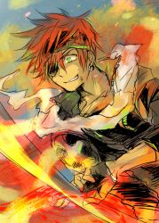Rule 34 | 1boy, black gloves, black headband, black jacket, black shirt, blue background, clenched teeth, collared jacket, cross, d.gray-man, earrings, eyepatch, fingerless gloves, fire, front zipper, gloves, gradient background, green background, green eyes, green light, hair between eyes, headband, holding, holding staff, hoop earrings, jacket, jewelry, lavi, looking at object, n ptm, one eye covered, open clothes, open jacket, orange fire, orange hair, red fire, scarf, shirt, short hair, sidelocks, single glove, solo, staff, striped headband, sweat, sweatdrop, teeth, white scarf, yellow background, yellow fire