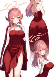 1girl 7neet aru_(blue_archive) aru_(dress)_(blue_archive) bare_shoulders blue_archive blush breasts brown_horns closed_mouth coat coat_on_shoulders commentary demon_horns dress dress_flower elbow_gloves flower flying_sweatdrops gloves halo highres horns index_finger_raised large_breasts long_hair looking_at_viewer multiple_views official_alternate_costume open_mouth orange_halo red_coat red_dress red_flower red_rose rose side_slit simple_background smile strapless strapless_dress thighs white_background white_gloves yellow_eyes