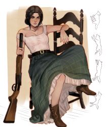 abigail_marston absurdres belt blue_eyes boots breasts brown_hair cat chair cowboy_boots cowboy_western dress freckles gun hair_bun highres large_breasts off_shoulder parted_lips red_dead_redemption_(series) red_dead_redemption_2 rifle short_hair weapon