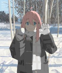 1girl ahoge black_coat blue_eyes closed_mouth coat gloves hair_between_eyes hands_up highres kagamihara_nadeshiko long_hair long_sleeves outdoors pink_hair plaid_clothes plaid_scarf prasetyoadii22 scarf shaded_face sidelocks smile snow snowball solo standing tree waving white_gloves white_scarf yurucamp