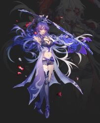 1girl acheron_(honkai:_star_rail) bandaged_leg bandages boots breasts cleavage commentary english_commentary faithom highres holding holding_sword holding_weapon honkai:_star_rail honkai_(series) katana long_hair long_sleeves looking_at_viewer merchandise_available navel petals purple_hair purple_shirt shirt sword very_long_hair weapon white_hair