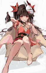 1girl barefoot bell black_choker black_sash box brown_hair butterfly-shaped_pupils cardboard_box choker criss-cross_halter dress finger_gun flower_tattoo fox_mask gloves halterneck hand_on_own_chin highres honkai:_star_rail honkai_(series) in_box in_container looking_at_viewer mark_under_both_eyes mask mask_on_head neck_bell parted_lips red_dress red_eyes red_nails red_sleeves sash simple_background single_glove smile solo sparkle_(honkai:_star_rail) symbol-shaped_pupils tattoo twintails white_background yuuli_(tuna221022)
