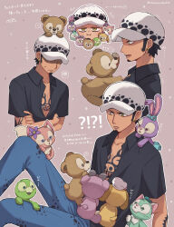 4boys 4girls absurdres animal_ears black_hair bow cheesecaked23 cookieann crossover duffy_and_friends duffy_the_disney_bear facial_hair full_body furry gelatoni goatee hat highres linabell male_focus multiple_boys multiple_girls olu_mel one_piece pants rabbit_girl shelliemay shirt sideburns smile stellalou stuffed_animal stuffed_toy tattoo trafalgar_law