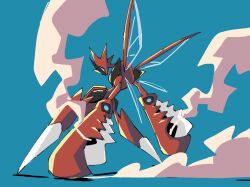 1other blue_eyes colored_skin commentary_request gen_2_pokemon highres insect_wings mega_pokemon mega_scizor nintendo other_focus pokemon pokemon_(creature) red_skin scizor simple_background solo standing venom_eno wings