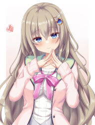 1girl 9-nine- belt blue_eyes blush bow bowtie breasts brown_hair buttons cardigan closed_mouth commentary drawn_heart dress eyelashes eyes_visible_through_hair gear_hair_ornament grey_belt hair_between_eyes hair_ornament hands_up head_tilt heart highres kujou_miyako large_breasts long_hair looking_at_viewer open_cardigan open_clothes own_hands_together pink_bow pink_bowtie pink_cardigan school_uniform sidelocks simple_background sleeves_past_wrists smile solo star_(symbol) star_print steepled_fingers upper_body very_long_hair white_background white_dress wing_hair_ornament yuunagi_(yunagi1373)