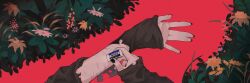 Rule 34 | 1girl, absurdres, anomarasu, black nails, commentary, english commentary, eraser, female pov, flower, highres, holding, long sleeves, nail polish, original, plant, pov, pov hands, red background, self-harm scar, sleeves past wrists, solo, torn clothes