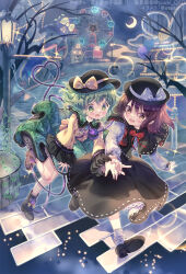 Rule 34 | 2girls, amo (shibu3), black boots, black capelet, black dress, black hat, boots, bow, branch, brick road, brown eyes, brown hair, bubble, capelet, crescent moon, dress, ferris wheel, floral print, floral print skirt, fog, frilled sleeves, frills, green eyes, green hair, green skirt, hat, highres, holding hands, knees, komeiji koishi, lamp, lamppost, moon, multiple girls, open mouth, plant, print skirt, red bow, ribbon, road, roller coaster, rope fence, running, shirt, skirt, smile, star (sky), stitched eye, third eye, touhou, trash can, usami renko, vines, watermark, white ribbon, white shirt, yellow bow, yellow ribbon, yellow shirt