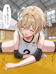 1girl :d alternate_costume blush breasts closed_eyes commentary_request elbow_pads feather_hair_ornament feathers flower genshin_impact hair_flower hair_ornament highres kabu_usagi knee_pads lumine_(genshin_impact) medium_breasts open_mouth shirt short_hair_with_long_locks sleeveless sleeveless_shirt smile solo speech_bubble split sportswear stretching translation_request volleyball_uniform
