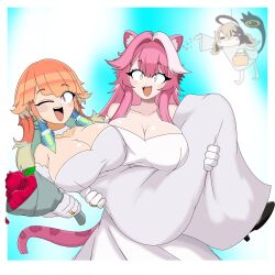 3girls absurdres alternate_costume animal_ears blush breasts bride carrying carrying_person cleavage dress fang flower gigi_murin highres hololive hololive_english large_breasts looking_at_viewer multicolored_hair multiple_girls one_eye_closed open_mouth orange_hair panther_ears panther_girl panther_tail pink_hair raora_panthera smile tail takanashi_kiara themastersos virtual_youtuber wedding_dress wink yuri