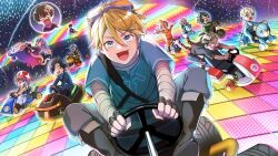 &gt;_&lt; 6+boys :d ^_^ ahoge akagi_wen angry ares_(iceparadise) arm_tattoo arms_up bandaged_arm bandages bandaid bandaid_on_cheek bandaid_on_face bandana bandana_around_neck black_footwear black_gloves black_hair blank_eyes blonde_hair blue_bandana blue_eyes blue_gloves blue_hair blue_jumpsuit blue_shirt blue_tunic blue_vest boots brown_footwear closed_eyes colored_inner_hair commentary cosplay crossed_bangs dark-skinned_male dark_skin driving ear_piercing earrings english_commentary fang fingerless_gloves flag gloves go-kart goggles goggles_on_head green_eyes green_gloves green_hair green_jumpsuit grey_pants hair_between_eyes hair_ornament hibachi_mana highres hoshirube_sho inami_rai jewelry jumpsuit koyanagi_rou krisis lightning_bolt lightning_bolt_hair_ornament lightning_bolt_symbol link link_(cosplay) long_hair male_focus mario_(series) mario_kart mario_kart_8 medium_hair motor_vehicle motorcycle multicolored_eyes multicolored_hair multiple_boys murakumo_kagetsu nijisanji nijisanji_en nintendo open_clothes open_mouth open_vest orange-tinted_eyewear orange_bandana orange_hair orange_jumpsuit oriens_(nijisanji) pants parted_bangs piercing pink_hair purple_bandana purple_gloves purple_hair purple_jumpsuit racing racing_suit rainbow_road red_toad_(mario) saiki_ittetsu scar scar_across_eye scar_on_face scared shirt short_hair short_sleeves sitting skin_fang sky smile space speech_bubble spoken_character standard_kart_(mario) star_(sky) starry_sky streaked_hair sweat tattoo teddy_buggy the_legend_of_zelda the_legend_of_zelda:_breath_of_the_wild tinted_eyewear toad_(mario) toad_(mario)_(cosplay) tunic undercut usami_rito v-shaped_eyebrows vantacrow_bringer vest vezalius_bandage virtual_youtuber white_gloves white_hair white_pants wide-eyed wild_wiggler yellow_eyes yu_q._wilson