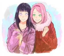 2girls 2tenset black_hair green_eyes hairband haruno_sakura hyuuga_hinata jacket long_hair long_sleeves looking_at_another multiple_girls naruto:_the_last naruto_(series) no_pupils pink_hair purple_eyes purple_jacket red_jacket short_hair smile twitter_username upper_body