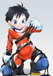 1boy absurdres belt black_footwear black_hair blue_eyes bodysuit catsuit child clenched_teeth commentary_request fantasy gloves highres leotard male_focus original power_suit red_bodysuit science_fiction short_hair simple_background skin_tight slime_(creature) slime_(substance) solo spandex superhero_costume teeth white_gloves zumimi_mimi