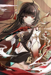 Rule 34 | 1girl, absurdres, ahoge, bare shoulders, black dress, black hair, blush, body markings, breasts, chinese clothes, closed mouth, clothing cutout, cloud, colored extremities, commentary request, cowboy shot, detached sleeves, dress, floating hair, hair ornament, hair stick, hand up, highres, hime cut, holding, honkai: star rail, honkai (series), incense burner, indoors, lingsha (honkai: star rail), long hair, looking at viewer, navel, pointy ears, red eyes, red hands, sidelocks, sleeveless, sleeveless dress, small breasts, smile, smoke, solo, standing, tassel, thigh strap, two-tone dress, user wpcv3388, white dress, white sleeves