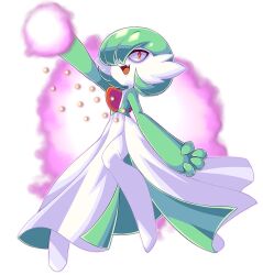 Rule 34 | bad deviantart id, bad id, bob cut, colored skin, dream eater (pokemon), dress, fang, gardevoir, gen 3 pokemon, green hair, green skin, hair over one eye, highres, multicolored skin, nintendo, open mouth, pink eyes, pokemon, pokemon (creature), quartette, two-tone skin, white dress, white skin