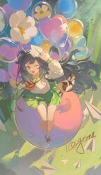 Rule 34 | 1girl, absurdres, balloon, black hair, blue eyes, brown shoes, calico (pattern), chinese commentary, collared shirt, commentary request, commission, commissioner name, day, eyelashes, flower, flower balloon, from above, full body, grass, green sailor collar, green skirt, happy, heart balloon, highres, higurashi kagome, holding, holding paper airplane, inuyasha, kneehighs, knees, light particles, long hair, long sleeves, looking at viewer, miniskirt, neckerchief, one eye closed, open mouth, outdoors, paper airplane, pleated skirt, red neckerchief, sailor collar, school uniform, serafuku, shirt, shoes, shu bing, sitting, skirt, smile, socks, solo, sunlight, teeth, tree, upper teeth only, uwabaki, very long hair, white flower, white shirt, white sleeves, white socks