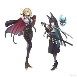 2girls animal_ear_fluff animal_ears aqua_jacket black_coat black_gloves black_hair black_skirt blonde_hair blunt_bangs breasts chest_harness coat evelyn_chevalier eyeball fox_ears fox_girl full_body gloves harness high-waist_pants high_heels highres holding holding_coat holding_sword holding_unworn_clothes holding_weapon hoshimi_miyabi jacket katana laevatein_(la3vatein) large_breasts latex_pants long_hair medium_hair multiple_girls necktie open_clothes open_jacket pants purple_eyes red_eyes shirt skirt sword tailless_(zenless_zone_zero) unworn_coat weapon white_background white_shirt yellow_necktie zenless_zone_zero