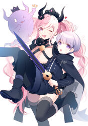 Rule 34 | &gt; o, 1boy, 1girl, :o, ;3, ;d, black boots, black coat, black crown, black dress, black horns, black pants, black thighhighs, blue jacket, blue shorts, blush, boots, braid, breasts, carrying, cleavage, coat, collarbone, criss-cross halter, crown, demon girl, demon horns, dress, dual persona, frilled dress, frills, ghost, halter dress, halterneck, heart, highres, holding, holding sword, holding weapon, hood, hooded coat, horns, jacket, large breasts, leg up, long sleeves, master detective archives: rain code, notice lines, one eye closed, open mouth, pants, pink eyes, pink hair, princess carry, qiao xing, reverse princess carry, shinigami (ghost) (rain code), shinigami (rain code), short dress, shorts, simple background, sleeveless, sleeveless dress, smile, sword, teeth, thighhighs, thumbs up, twin braids, upper teeth only, weapon, white background, yuma kokohead