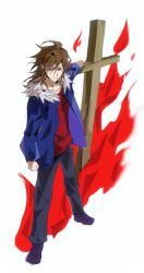 Rule 34 | 1boy, absurdres, black eyes, black pants, blue jacket, brown hair, chinese commentary, closed mouth, commentary request, cross, daodaoliehuodaodaobao, fire, full body, fur-trimmed jacket, fur trim, hair between eyes, highres, isoi reiji, jacket, long bangs, male focus, medium hair, open clothes, open jacket, pants, purple shoes, red shirt, saibou shinkyoku, sanpaku, shirt, shoes, solo, white background