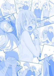 1girl 5boys arms_up back bandaged_arm bandages beard_stubble blue_theme blush breast_press breasts cape closed_eyes completely_nude facial_hair getsuyoubi_no_tawawa hands_on_own_face highres himura_kiseki holding holding_sword holding_weapon large_breasts long_bangs long_hair maegami-chan_(tawawa) monochrome multiple_boys multiple_views nude open_mouth ponytail scabbard scar scar_on_face sensei_(tawawa) sheath shirt short_hair short_sleeves sleeping smile speech_bubble stubble sword thought_bubble weapon wet wet_hair wooden_sword