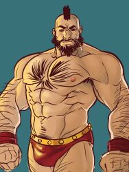 Rule 34 | 1boy, aqua background, arm hair, armband, armpit hair, bara, beard, body hair, brown eyes, brown hair, bulge, cheschirebacon, cropped legs, facial hair, highres, male focus, mohawk, muscular, muscular male, nipples, red armband, red wrestling outfit, serious, street fighter, wrestling outfit, zangief