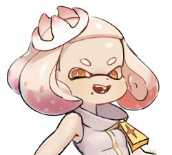 1girl blunt_bangs breasts collared_dress commentary_request coula_cat cross-shaped_pupils crown dot_nose dress fangs full-length_zipper gradient_hair grin high_collar inkling large_forehead leaning_back looking_at_viewer medium_hair mole mole_under_mouth multicolored_hair narrowed_eyes nintendo pearl_(off_the_hook_outfit)_(splatoon) pearl_(splatoon) pink_hair signature simple_background sleeveless sleeveless_dress small_breasts smile solo splatoon_(series) splatoon_2 suction_cups symbol-shaped_pupils thick_eyebrows three_quarter_view tilted_headwear two-tone_hair upper_body v-shaped_eyebrows white_background white_crown white_hair yellow_eyes zipper zipper_dress zipper_pull_tab