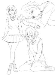 Rule 34 | 1girl, arm pillow, blush, crossed legs, hand on own arm, lineart, long sleeves, monochrome, multiple views, original, pleated skirt, ryuuta (msxtr), school uniform, short hair, sitting, skirt, standing, sweater vest, wariza, wavy mouth
