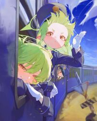 Rule 34 | &gt; &lt;, 3girls, absurdres, aoba (blue archive), blonde hair, blue archive, blue hat, blue jacket, blush, commentary, fang, floating hair, forehead, from outside, gloves, green hair, halo, hat, head rest, highres, hikari (blue archive), ikky, jacket, looking at viewer, multiple girls, nozomi (blue archive), pointy ears, road sign, siblings, sign, sisters, skin fang, smile, train, twins, white gloves