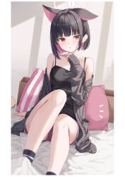 Rule 34 | 1girl, absurdres, alternate costume, bare shoulders, black hair, black jacket, black socks, black tank top, blue archive, blunt bangs, blunt ends, blush, colored inner animal ears, colored inner hair, hair behind ear, halo, highres, jacket, kazusa (blue archive), looking at viewer, multicolored hair, parted lips, pink eyes, pink hair, pink halo, pink shorts, rama (yu-light8), short hair, shorts, socks, solo, tank top, two-tone hair