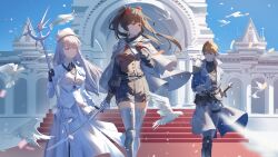 1boy 2girls absurdres alternate_costume armored_boots armored_gloves bird black_gloves black_hair blonde_hair blue_eyes boots brown_gloves brown_shirt buttons cape dove dress gloves grey_hair grey_pants hair_ribbon hat highres holding holding_staff holding_sword holding_weapon lee_(pgr) liv_(pgr) long_sleeves lucia_(pgr) multiple_girls pants pink_eyes punishing:_gray_raven red_eyes red_ribbon ribbon sheath sheathed shirt short_shorts shorts staff sword twintails weapon white_bird white_cape white_dress white_hat yume_3327