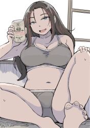 Rule 34 | 1girl, alcohol, beer, breasts, character request, drinking, fang, hadashi no kenji, large breasts, navel, plump, sweat, sweatdrop, underwear