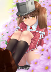 1girl absurdres black_skirt black_socks brown_eyes brown_hair brown_shoes hair_between_eyes highres japanese_clothes kantai_collection kariginu loafers long_hair long_sleeves magatama makumaxu miniskirt panties pleated_skirt ryuujou_(kancolle) ryuujou_kai_ni_(kancolle) shikigami shoes sitting skirt socks solo twintails underwear visor_cap white_panties