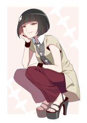 1girl absurdres black_hair blunt_bangs bob_cut bracelet coat collared_shirt colored_inner_hair elbow_rest full_body half-closed_eyes head_rest high_heels highres jewelry kagenui_yozuru looking_at_viewer manimani_(mani_ma) monogatari_(series) multicolored_hair open-toe_shoes pants platform_heels red_eyes red_hair red_pants shirt short_hair short_sleeves smile solo squatting straight_hair toenails two-tone_hair