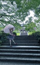 1girl bag black_corset black_skirt brown_hair bush collared_shirt corset crown handbag highres holding holding_umbrella kneehighs long_sleeves mansion mary_janes mini_crown parasol photo_background pink_shirt prprpkpy red_shoes shirt shoes short_hair skirt socks solo stairs tree umbrella umineko_no_naku_koro_ni ushiromiya_maria white_socks wide_shot
