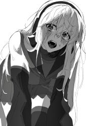 1girl aa_kabeuchi bent_over blush detached_sleeves feet_out_of_frame greyscale headphones highres long_hair looking_at_viewer miniskirt monochrome open_mouth pleated_skirt sailor_collar shirt simple_background skirt sleeveless sleeveless_shirt solo sukone_tei sweat thighhighs utau