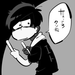 1boy alternate_costume antenna_hair black_background blunt_bangs commentary_request cropped_torso frown grey_background greyscale holding_baton hood hood_down hoodie male_focus matsuno_ichimatsu messy_hair monochrome open_mouth osomatsu-san osomatsu_(series) sameyama_jiro shaded_face sharp_teeth shirt short_hair solo speech_bubble t-shirt teeth translation_request two-tone_background wide-eyed
