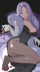 1girl ai_candii barefoot black_dress black_feet black_pantyhose breasts cleavage colored_extremities cup dnaitari dress drinking_glass elbow_gloves feather_boa gloves highres large_breasts long_hair looking_at_viewer pantyhose purple_eyes purple_hair side_slit solo torn_clothes torn_pantyhose vchiban virtual_youtuber white_gloves wine_glass