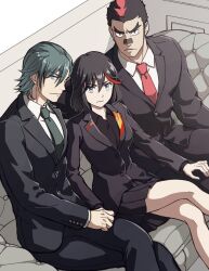 1girl 2boys aqua_hair bags_under_eyes bandaid bandaid_on_face bandaid_on_nose blue_eyes couch crossed_legs forked_eyebrows formal_clothes glaring hetero holding_hands kill_la_kill kinagase_tsumugu looking_at_viewer matoi_ryuuko mikisugi_aikurou mohawk multicolored_hair multiple_boys muscular ren_mizuha senketsu short_hair suit two-tone_hair