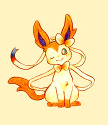 animal_focus commentary_request dot_nose full_body gen_6_pokemon highres looking_at_viewer nintendo no_humans one_eye_closed pokemon pokemon_(creature) riichi_(119253) simple_background sitting smile solo sylveon traditional_media