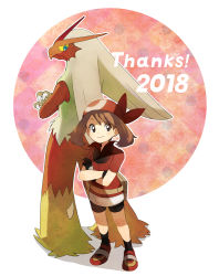 1girl 2018 bandana bike_shorts black_legwear black_shorts blaziken blue_eyes brown_eyes brown_hair closed_mouth crossed_arms full_body gen_3_pokemon gloves hair_between_eyes jacket long_hair looking_at_viewer looking_back may_(pokemon) miniskirt nintendo pokemon pokemon_(creature) pokemon_rse popcorn_91 red_bandana red_jacket short_shorts short_sleeves shorts shorts_under_skirt skirt smile socks white_skirt