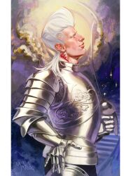 1boy alternate_costume armor breastplate commentary earrings english_commentary flattop from_side gauntlets hand_on_own_hip highres holding holding_sword holding_weapon jean_pierre_polnareff jewelry jojo_no_kimyou_na_bouken knight male_focus pauldrons plate_armor profile rapier shoulder_armor signature solo stardust_crusaders sword weapon white_hair yahidna