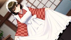 1girl black_hair blush breasts closed_mouth dutch_angle eyebrows_hidden_by_hair female_focus frills game_cg go-1 green_eyes hair_between_eyes highres homemaid_sweet_pea indoors japanese_clothes kimono large_breasts lifting_own_clothes light_blush looking_at_viewer maid maid_headdress mole mole_under_eye original shiragiku_(homemaid_sweet_pea) short_hair smile solo standing wide_sleeves