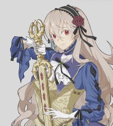 1girl alternate_costume ascot black_hairband black_ribbon blue_shirt bustier closed_mouth corrin_(female)_(fire_emblem) corrin_(fire_emblem) fire_emblem fire_emblem_fates flower frilled_hairband frills gem gloves green_gemstone grey_background grey_hair hair_between_eyes hair_flower hair_ornament hair_ribbon hairband highres holding holding_sword holding_weapon karashino long_hair long_sleeves neck_ribbon nintendo red_eyes red_flower red_rose ribbon rose shirt simple_background smile solo sword twitter_username very_long_hair weapon white_ascot white_gloves yato_(fire_emblem) yellow_bustier