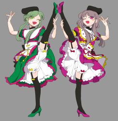 2girls apron arm_up black_socks bloomers blunt_bangs bow chamaruk double-parted_bangs dress flexible frilled_skirt frills garter_straps green_dress green_eyes green_hair green_shoes hat high_heels highres leg_up long_hair looking_at_viewer multiple_girls nishida_satono one_eye_closed open_mouth over-kneehighs pink_dress pink_eyes pink_hair puffy_short_sleeves puffy_sleeves red_bow shaded_face shoes short_hair_with_long_locks short_sleeves sidelocks simple_background skirt smile socks split standing standing_on_one_leg standing_split tate_eboshi teireida_mai thighhighs touhou underwear v waist_apron white_bloomers yellow_bow