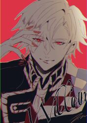 1boy absurdres character_name highres ikemen_villain male_focus maru_yude2 nail_polish necktie red_background red_eyes red_nails short_hair white_hair white_necktie william_rex